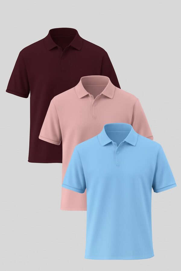 Premium Polo T-Shirt Combo (Pack of 3 – Maroon, Pink & Sky Blue)